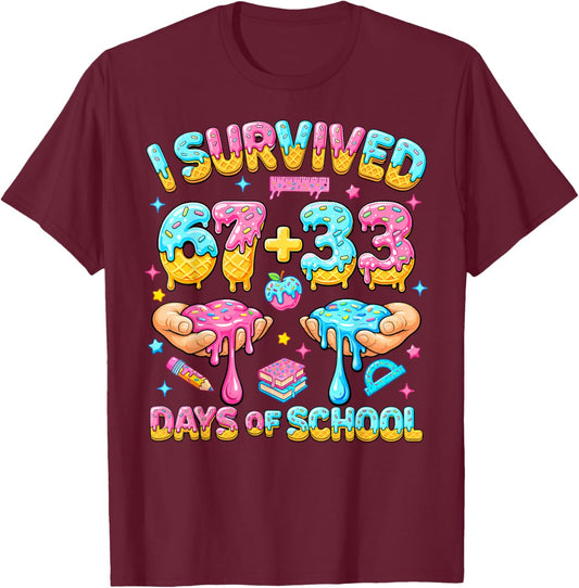 I Survived 67+33 Days of School 100 Days Teachers Kids Boys T-Shirt - T-Shirt | Maroon