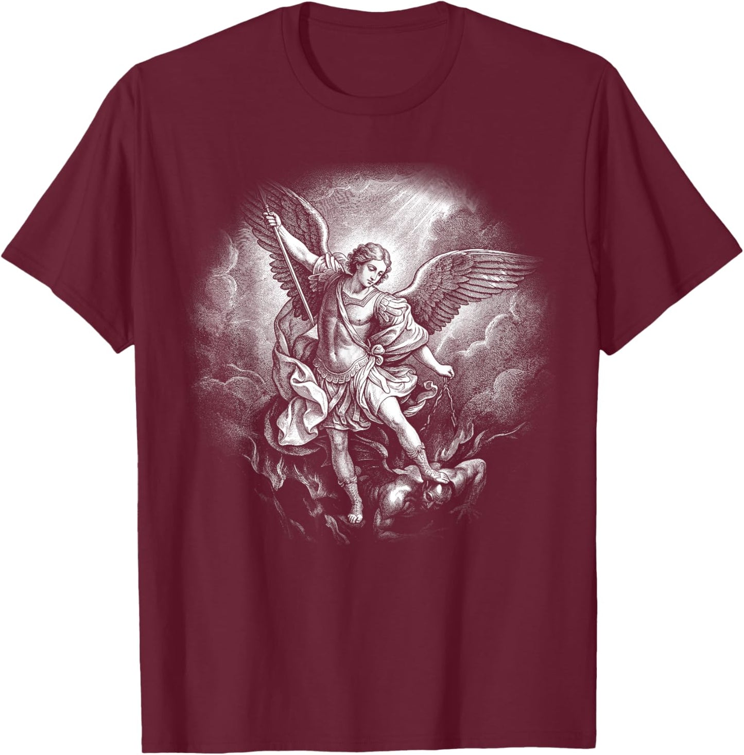 The Archangel Saint Michael Defeating Satan Christian Faith T-Shirt - T-Shirt | Maroon