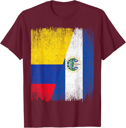 Half Colombia El Salvador Flag Colombian Salvadoran Pride T-Shirt - T-Shirt | Maroon