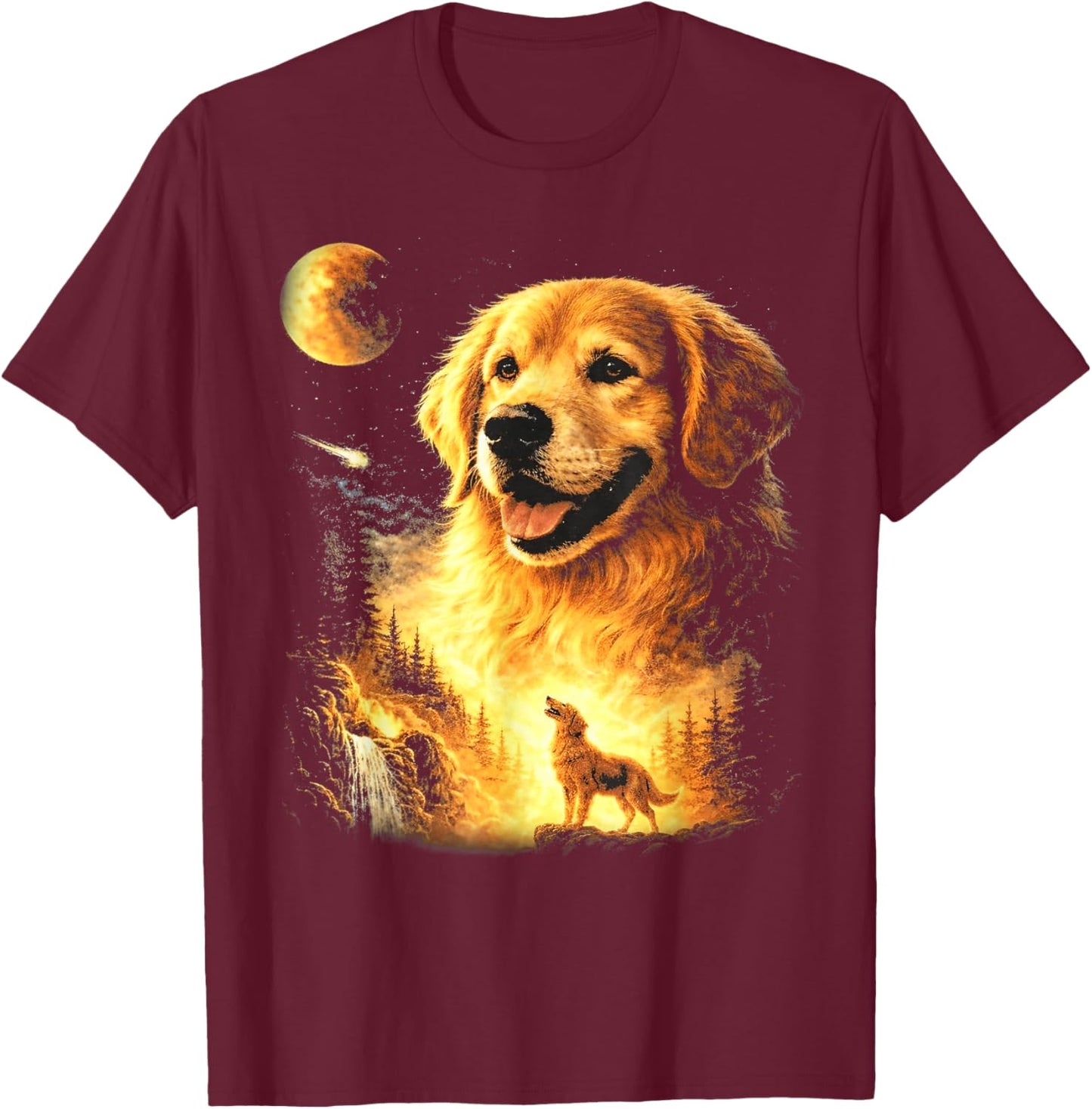 Golden Retriever Howling to The Moon Vintage 90s Dog Graphic T-Shirt - T-Shirt | Maroon