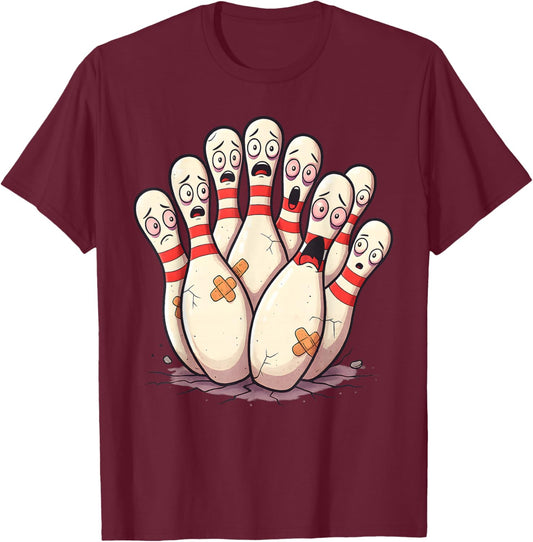 Funny Bowling Scared Cartoon Bowling Pins Sport Bowler Kids T-Shirt - T-Shirt | Maroon