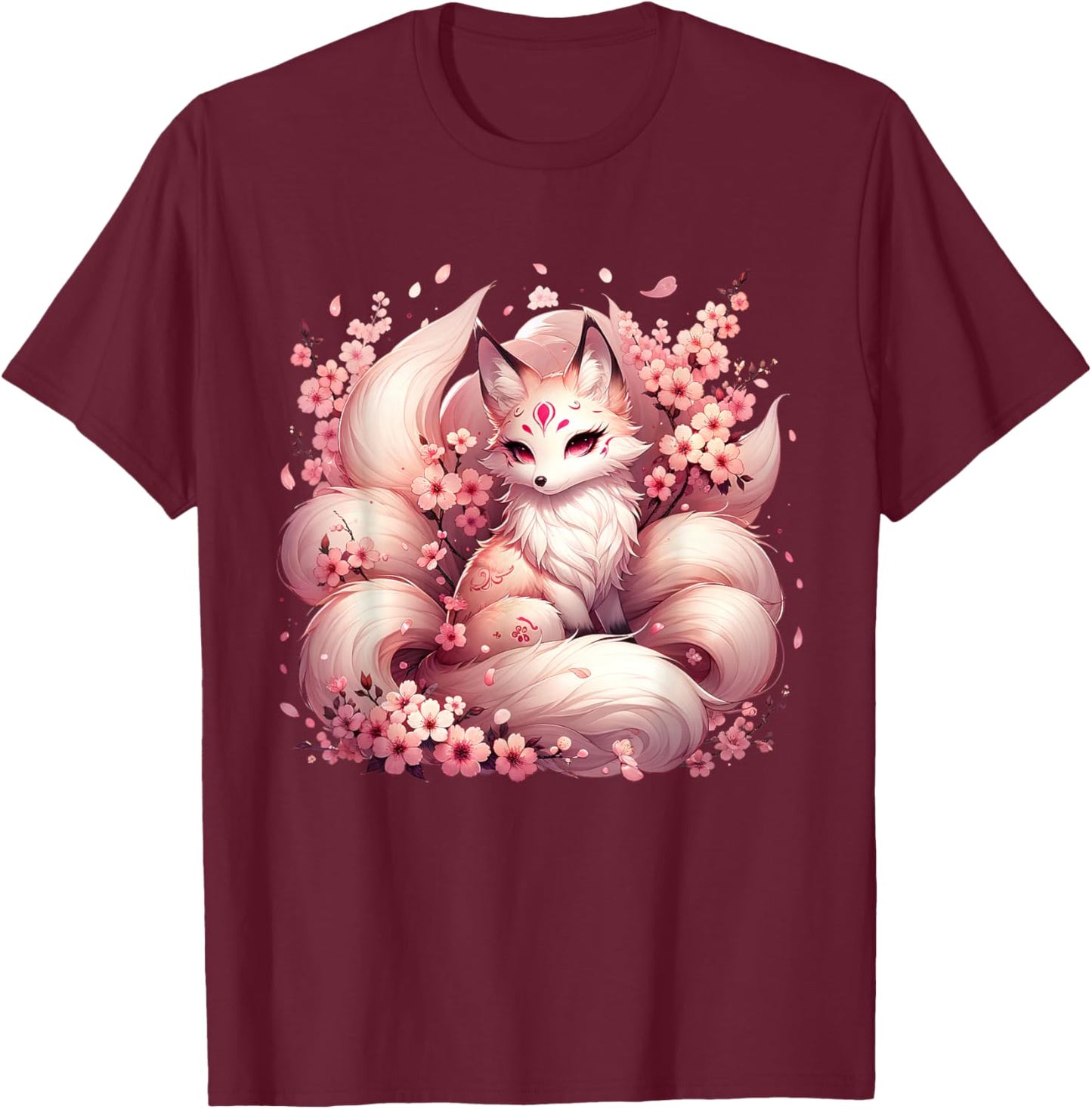 Anime Kawaii Kitsune Fox Japanese Nine Tailed Magical Sakura T-Shirt - T-Shirt | Maroon