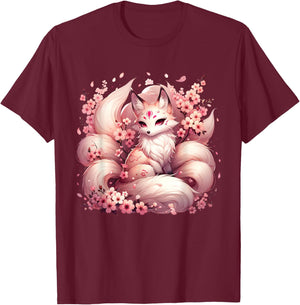 Anime Kawaii Kitsune Fox Japanese Nine Tailed Magical Sakura T-Shirt - T-Shirt | Maroon