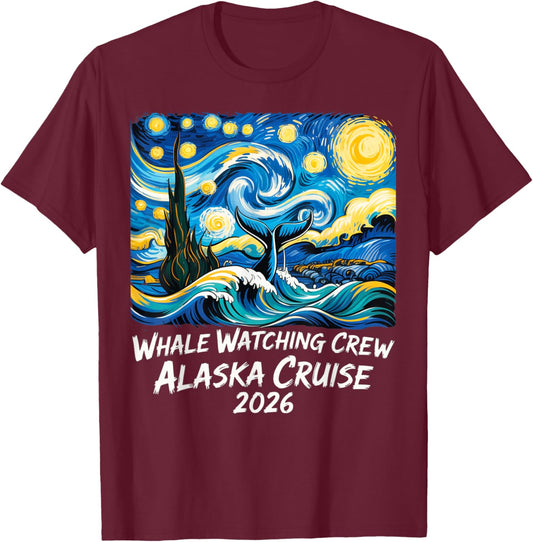 Whale Watching Crew Alaska Cruise 2026 in Starry Night T-Shirt - T-Shirt | Maroon