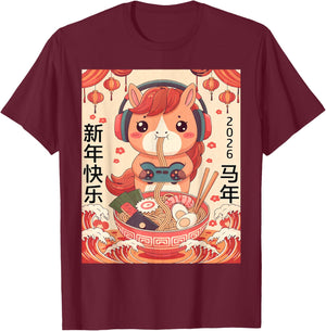 Chinese Lunar New Year of The Horse 2026 Ramen Noodles Kids T-Shirt - T-Shirt | Maroon