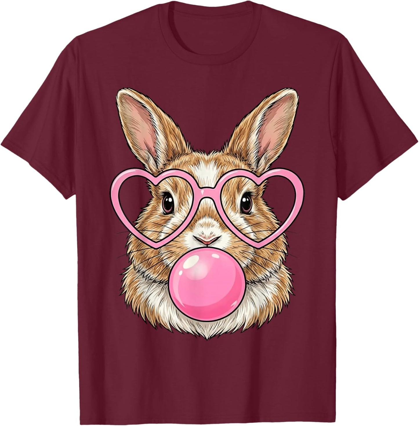 Funny Cute Bunny Bubble Gum Rabbit Heart Glasses Animal Art T-Shirt - T-Shirt | Maroon