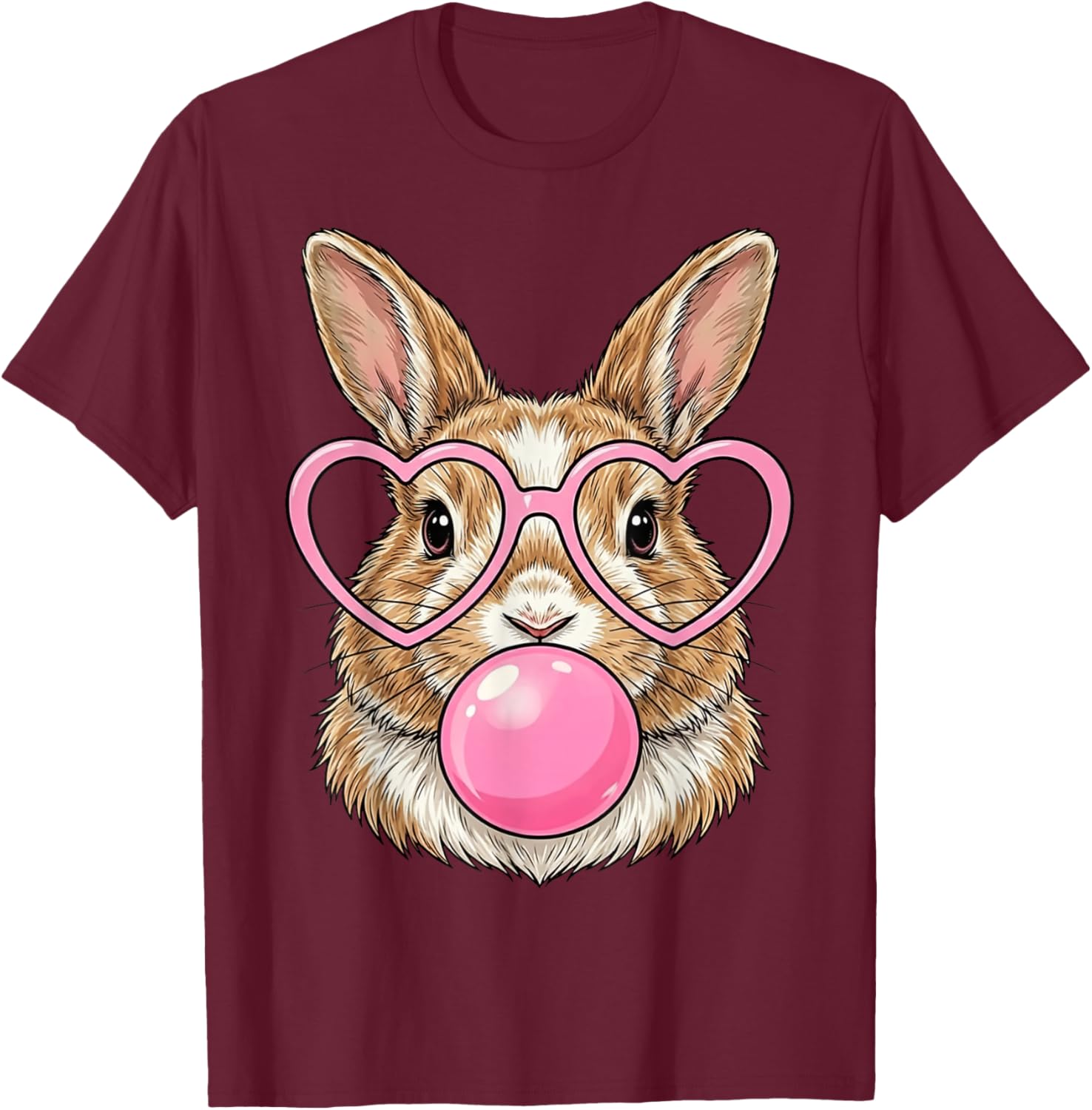 Funny Cute Bunny Bubble Gum Rabbit Heart Glasses Animal Art T-Shirt - T-Shirt | Maroon
