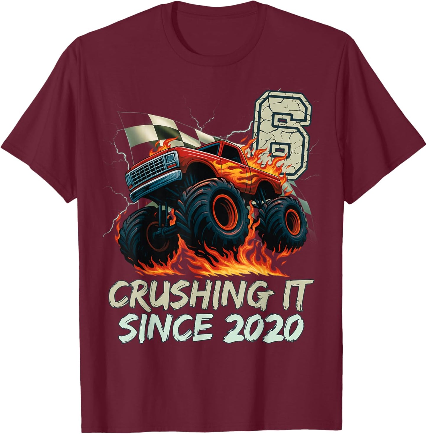 Birthday Monster Truck 6 Year Old Boys 6th Party Born 2020 T-Shirt - T-Shirt | Maroon