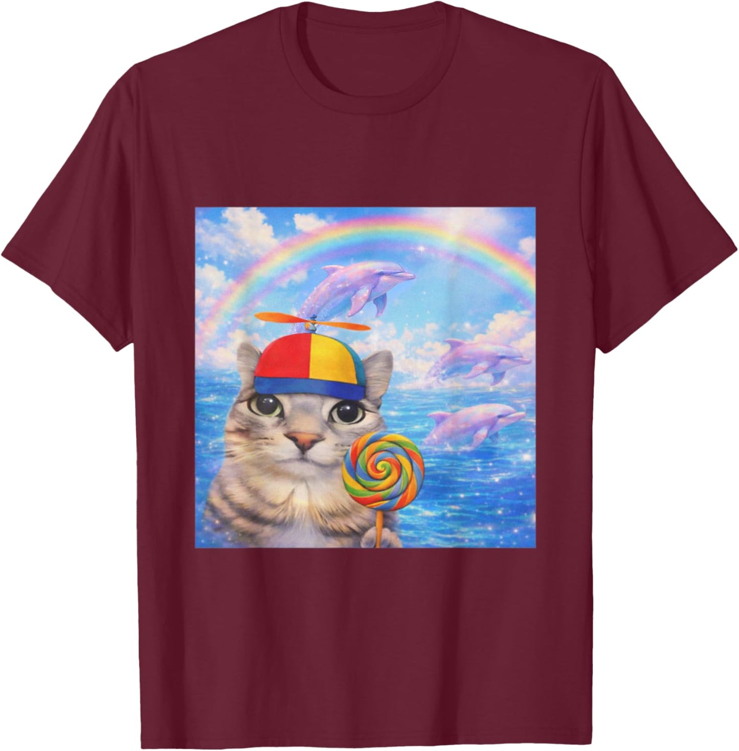 Happy Cat Dreamcore Funny Silly Cat Kitten Brainrot Meme T-Shirt - T-Shirt | Maroon