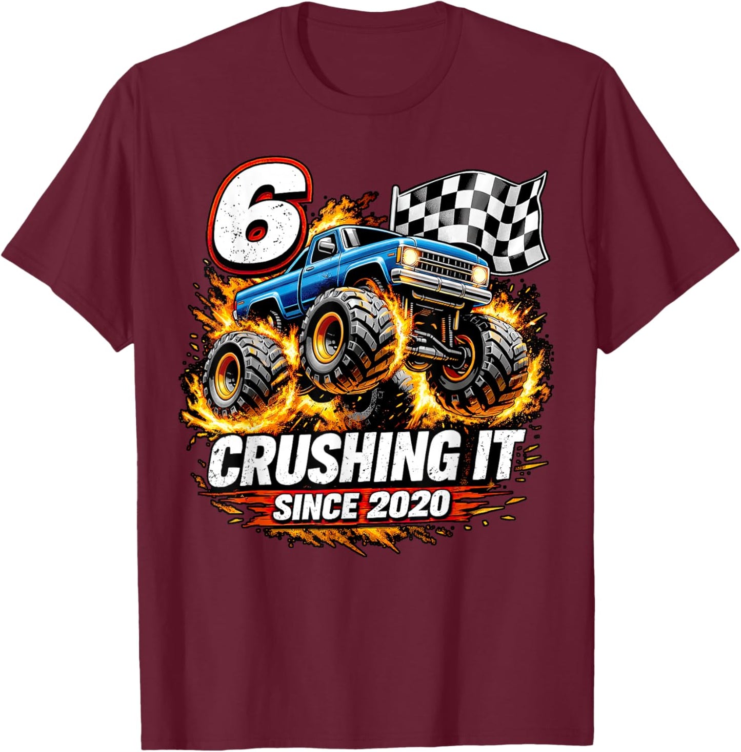 Birthday Monster Truck 6 Year Old Boys 6th Party Born 2020 T-Shirt - T-Shirt | Maroon