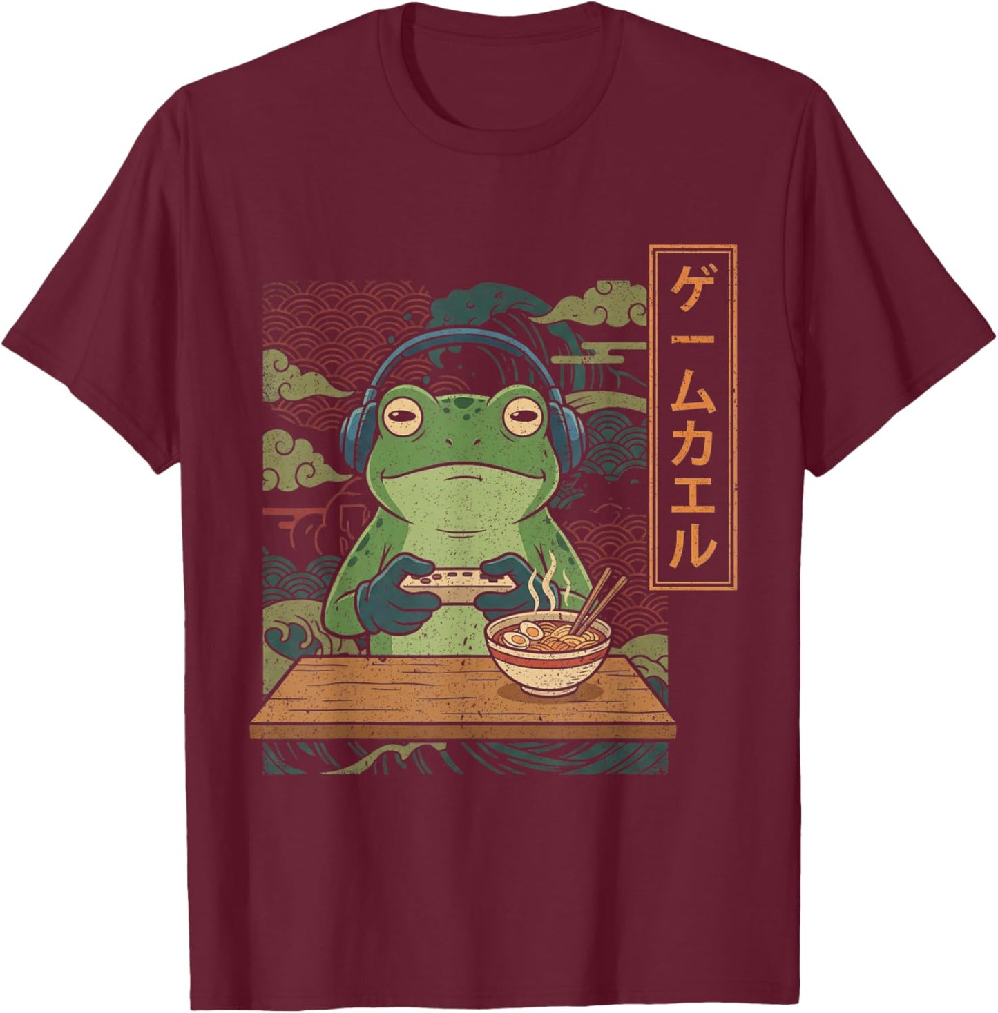 Japanese Gamer Frog Art Men Women Boys Ramen Gaming T-Shirt - T-Shirt | Maroon