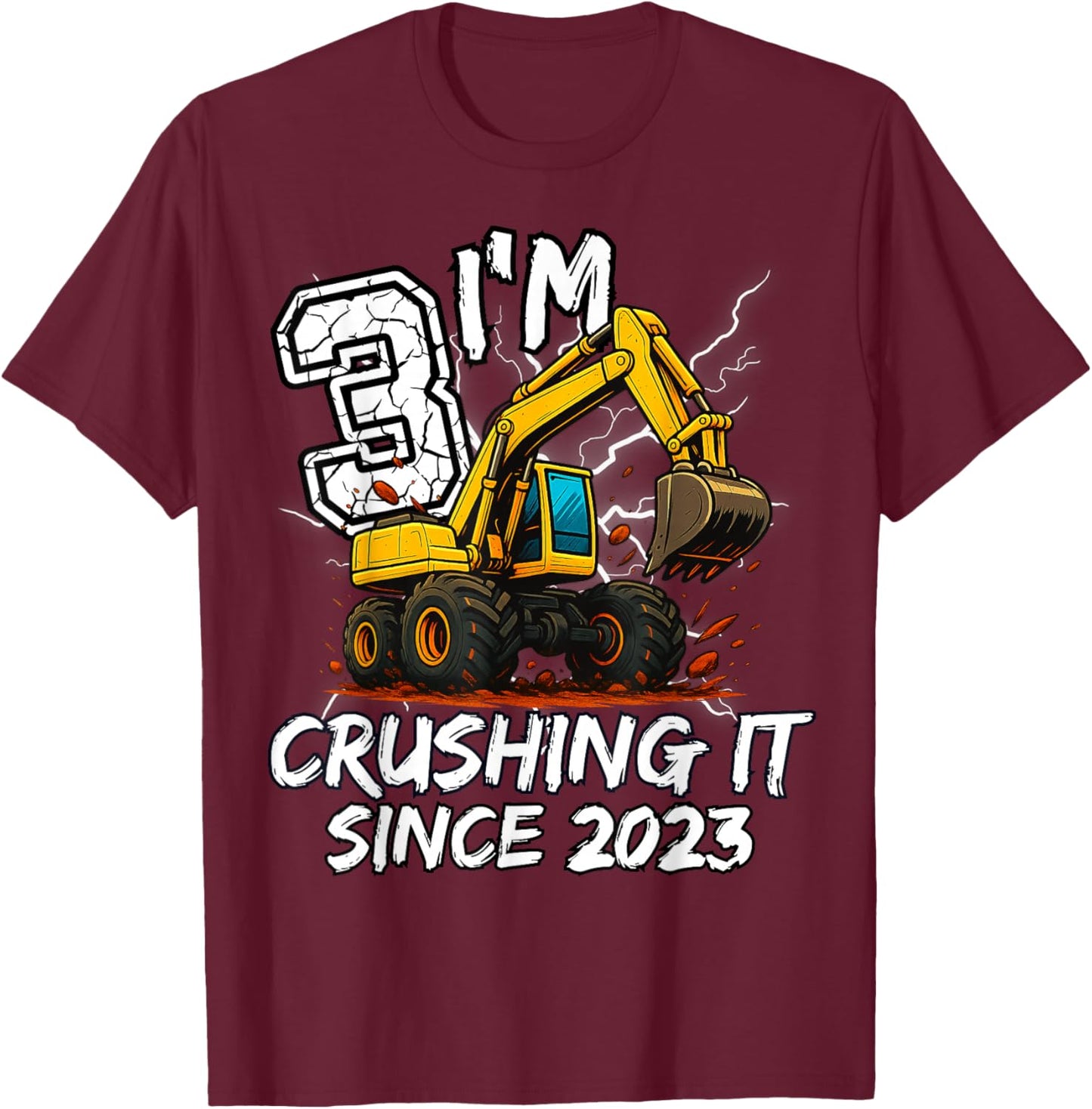 Birthday Excavator Truck 3 Year Old Boys 3rd Party Born 2023 T-Shirt - T-Shirt | Maroon