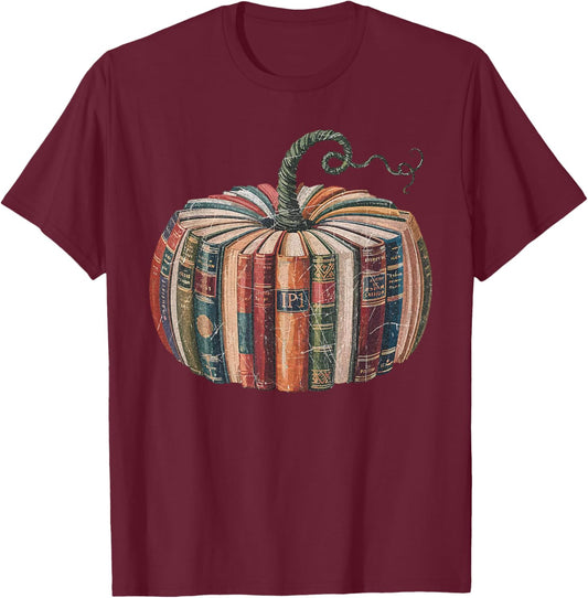 Fall Book Pumpkin Retro Reading Halloween Teacher T-Shirt - T-Shirt | Maroon