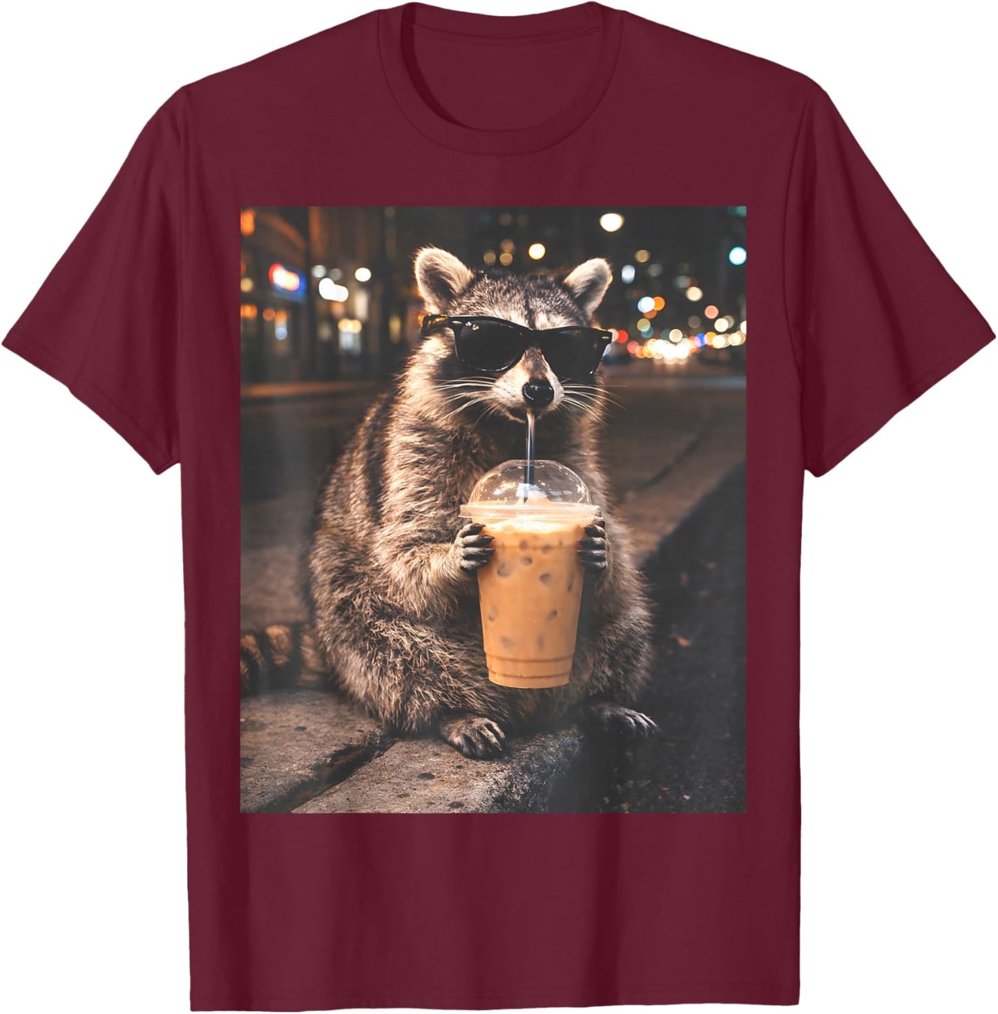 Raccoon Drinking Iced Coffee Funny Animal Meme Men Women T-Shirt - T-Shirt | Maroon
