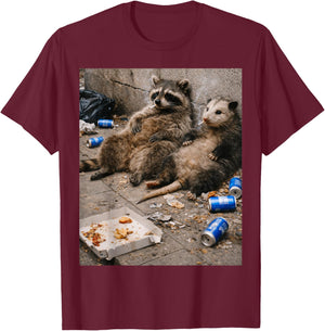 Raccoon and Opossum Smoking Cigarette with Trash T-Shirt - T-Shirt | Maroon