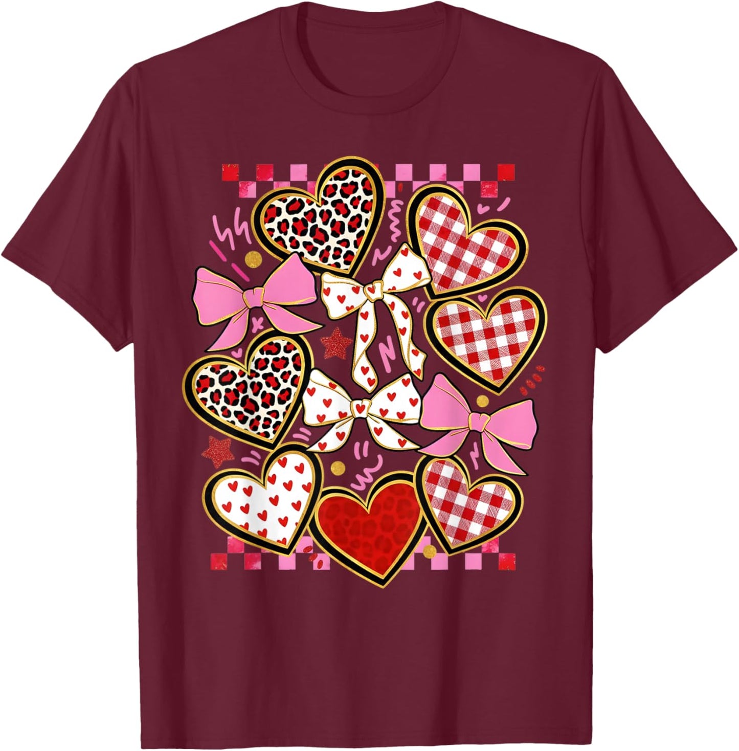 Valentines Day Girl Red Bow Valentines Heart Leopard Women T-Shirt - T-Shirt | Maroon