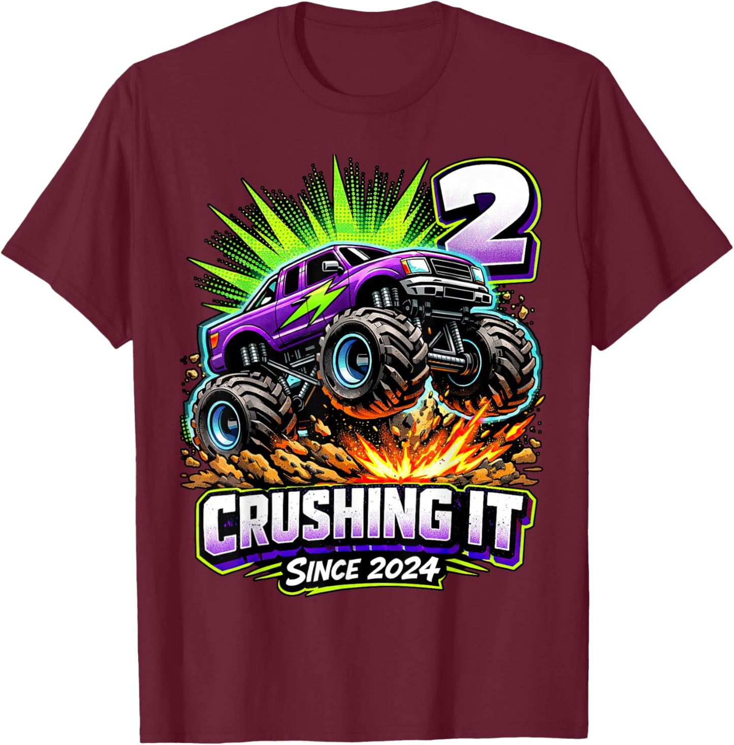 Birthday Monster Truck 2 Year Old Boys 2nd Party Born 2024 T-Shirt - T-Shirt | Maroon