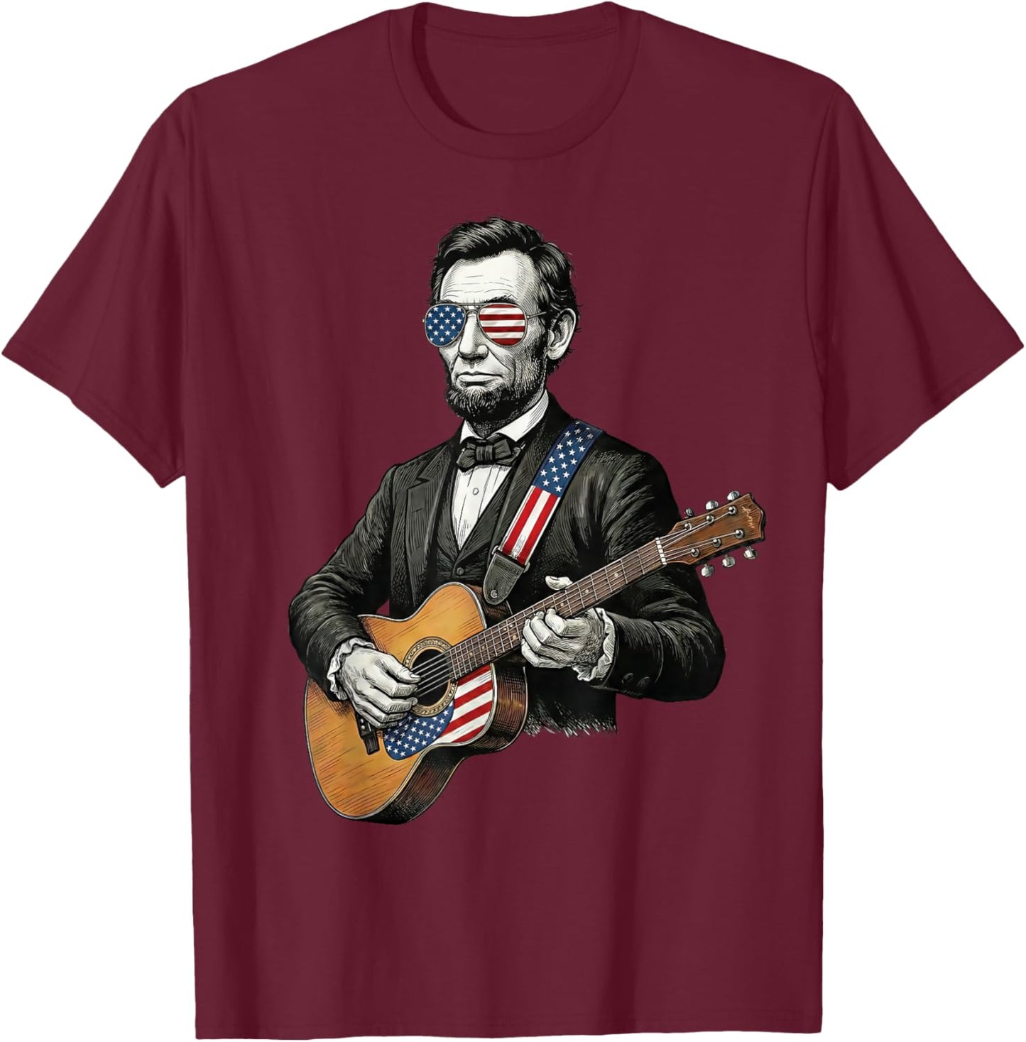 Abraham Lincoln Playing Guitar Funny 4th of July Patriotic T-Shirt - T-Shirt | Maroon