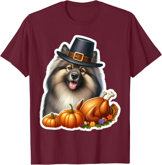 Thanksgiving Keeshond Dog Owner Lover Funny Pilgrim Turkey T-Shirt - T-Shirt | Maroon
