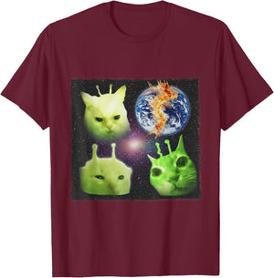 Y2k Alien UFO Cat Meme Silly Cats Retro Cat Lover Vintage T-Shirt - T-Shirt | Maroon