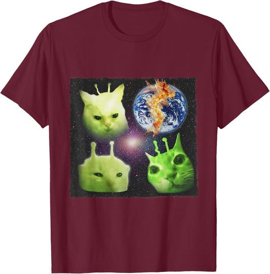 Y2k Alien UFO Cat Meme Silly Cats Retro Cat Lover Vintage T-Shirt - T-Shirt | Maroon