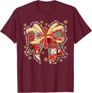 Oh Come Let Us Adore Him Jesus Coquette Bow Cross Patchwork T-Shirt - T-Shirt | Maroon