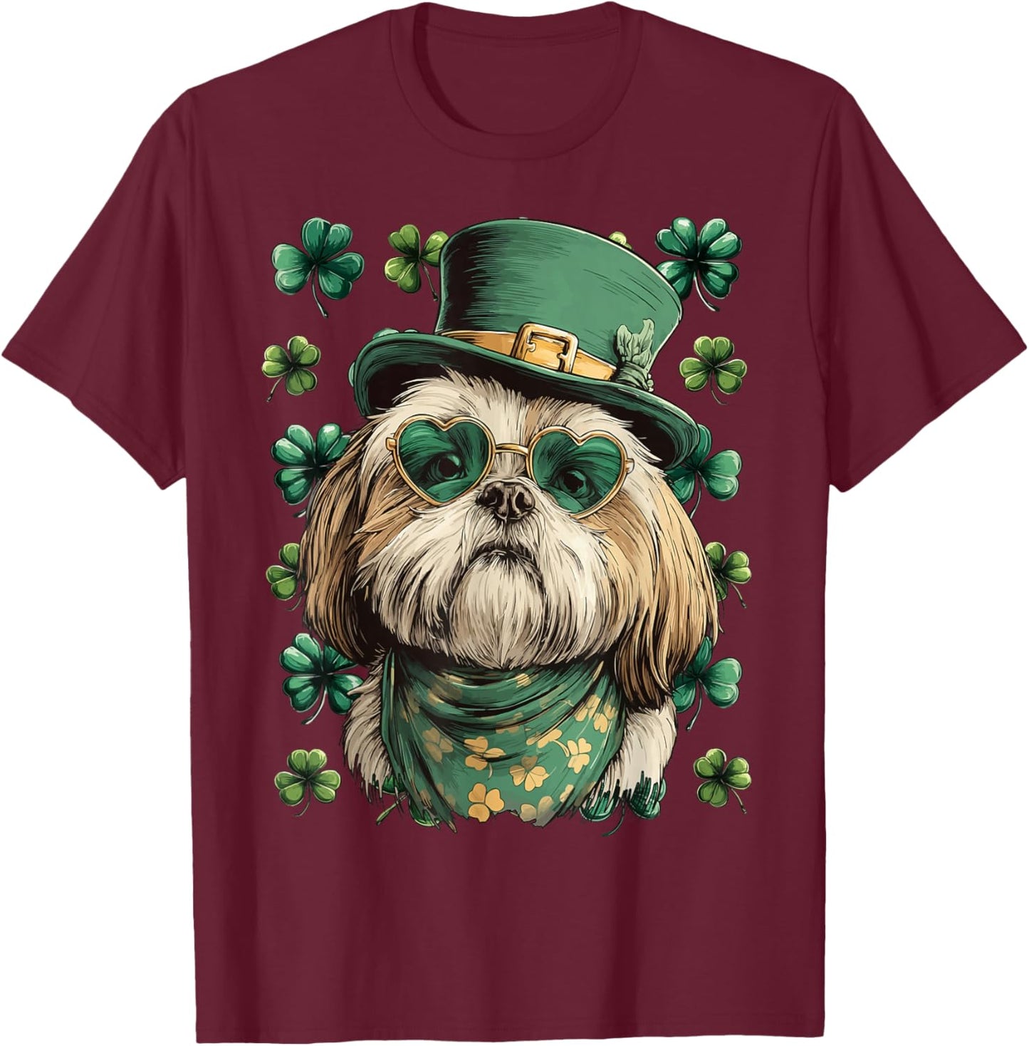 Shih Tzu with Shamrocks Hearts Sunglasses St Patricks Day T-Shirt - T-Shirt | Maroon