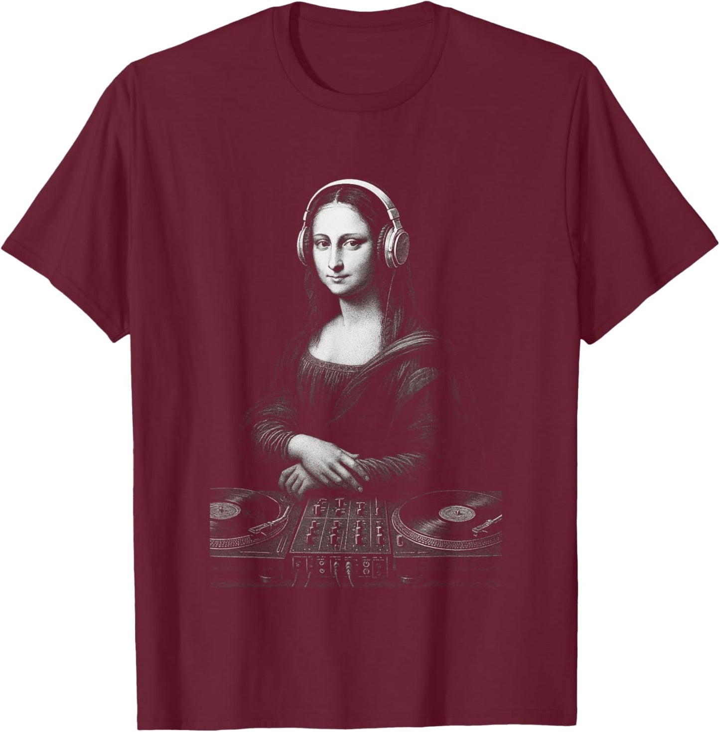 Mona Lisa DJ Headphones Turntables Music Mixer Art Parody T-Shirt - T-Shirt | Maroon