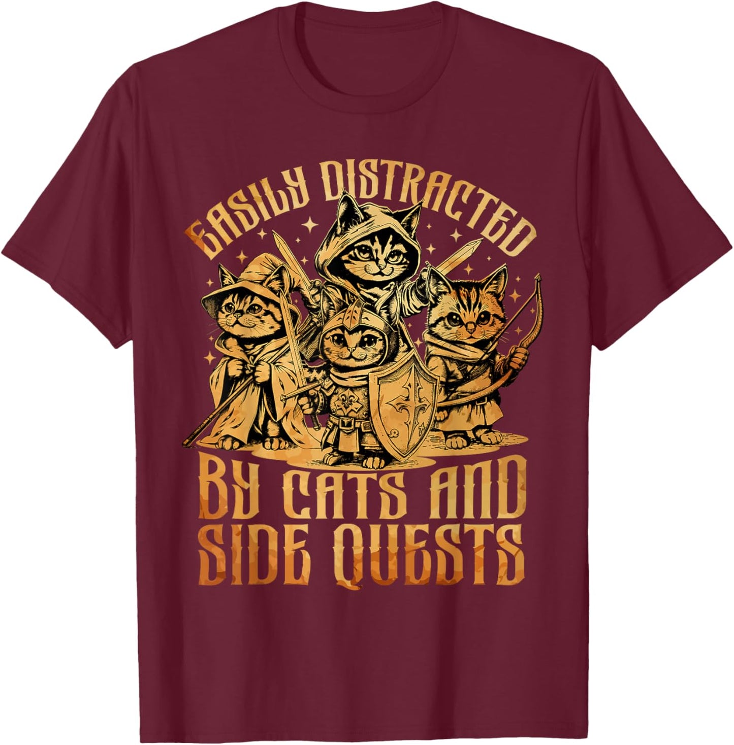 Easily Distracted Cats Side Quest Funny RPG Video Game Gamer T-Shirt - T-Shirt | Maroon