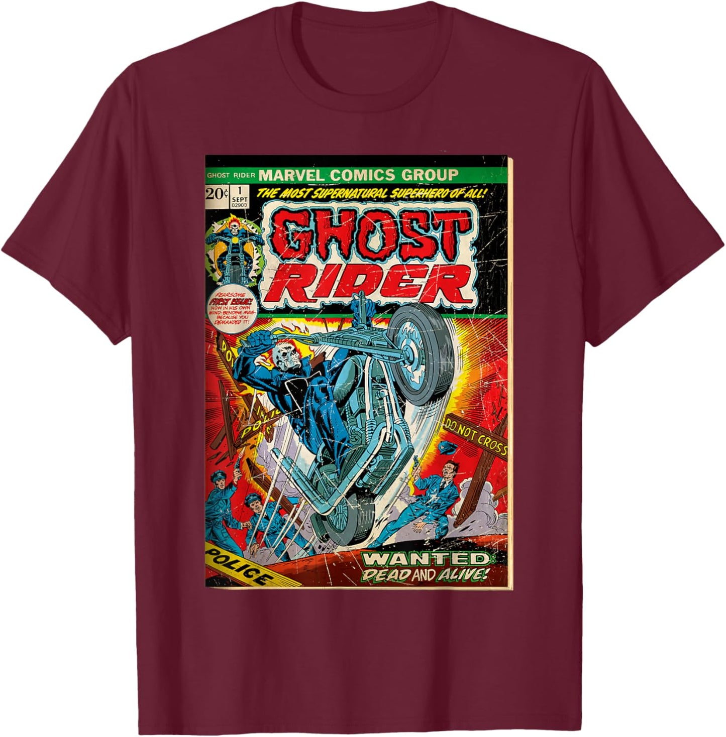 Marvel Ghost Rider Classic Comic Cover Wanted Dead and Alive T-Shirt - T-Shirt | Maroon