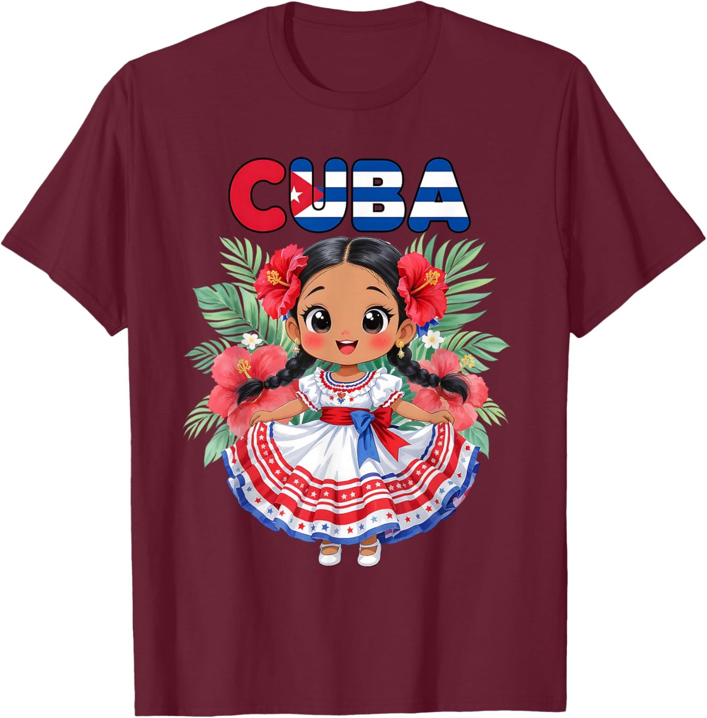 Cute Cuba Cuban Girl Traditional Dress Tropical Flowers T-Shirt - T-Shirt | Maroon