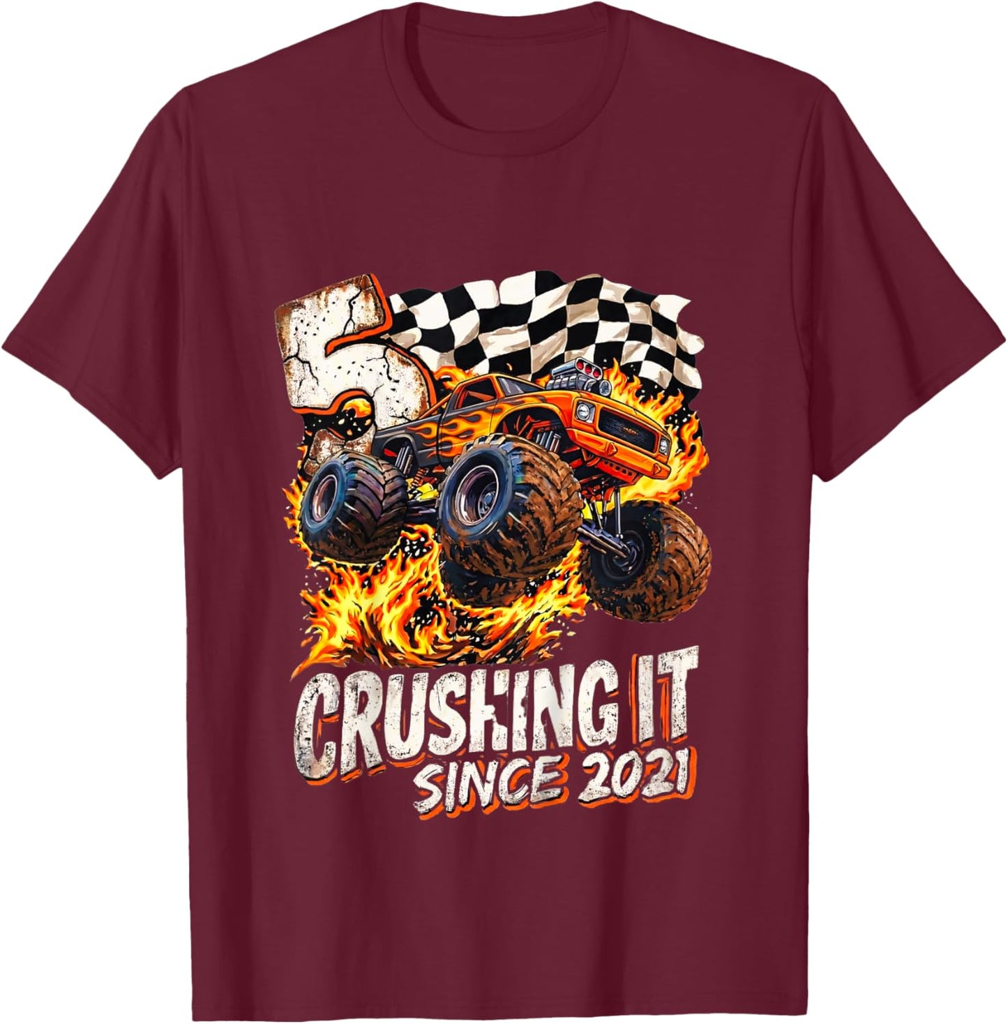 Kids Birthday Monster Truck Boys 5 Crushing It Since 2021 Kids T-Shirt - T-Shirt | Maroon