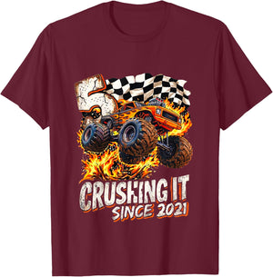 Kids Birthday Monster Truck Boys 5 Crushing It Since 2021 Kids T-Shirt - T-Shirt | Maroon