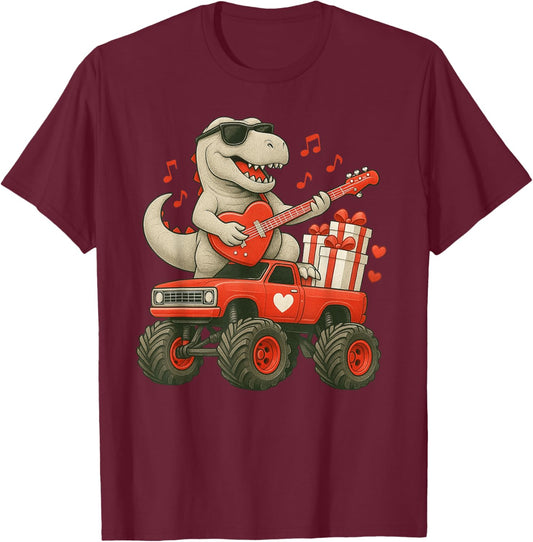 Valentines Day T Rex Riding Monster Truck Guitar Toddler Boy T-Shirt - T-Shirt | Maroon
