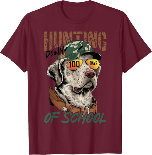 Dog Hunting 100 Days of School 100th Day Boy School T-Shirt - T-Shirt | Maroon