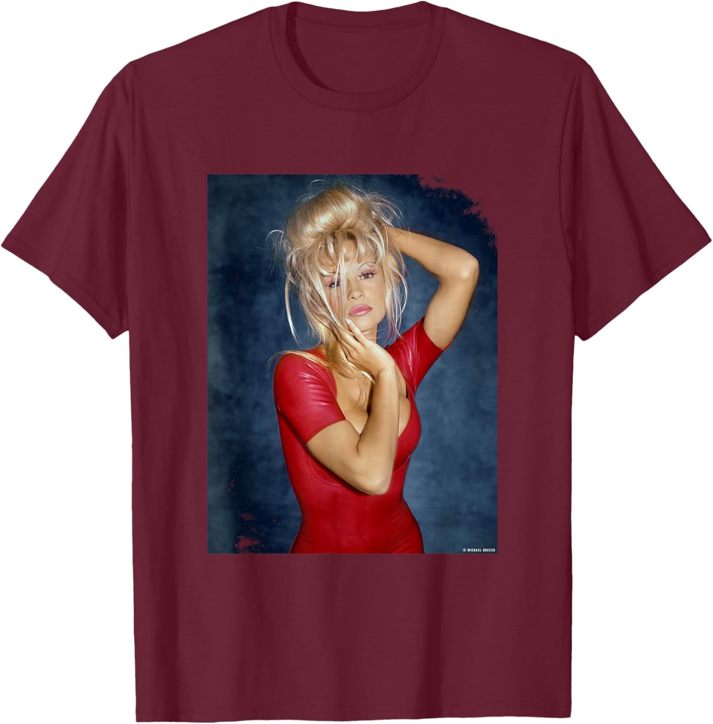 Model Pamela Anderson Baywatch Actor by Michael Grecco T-Shirt - T-Shirt | Maroon