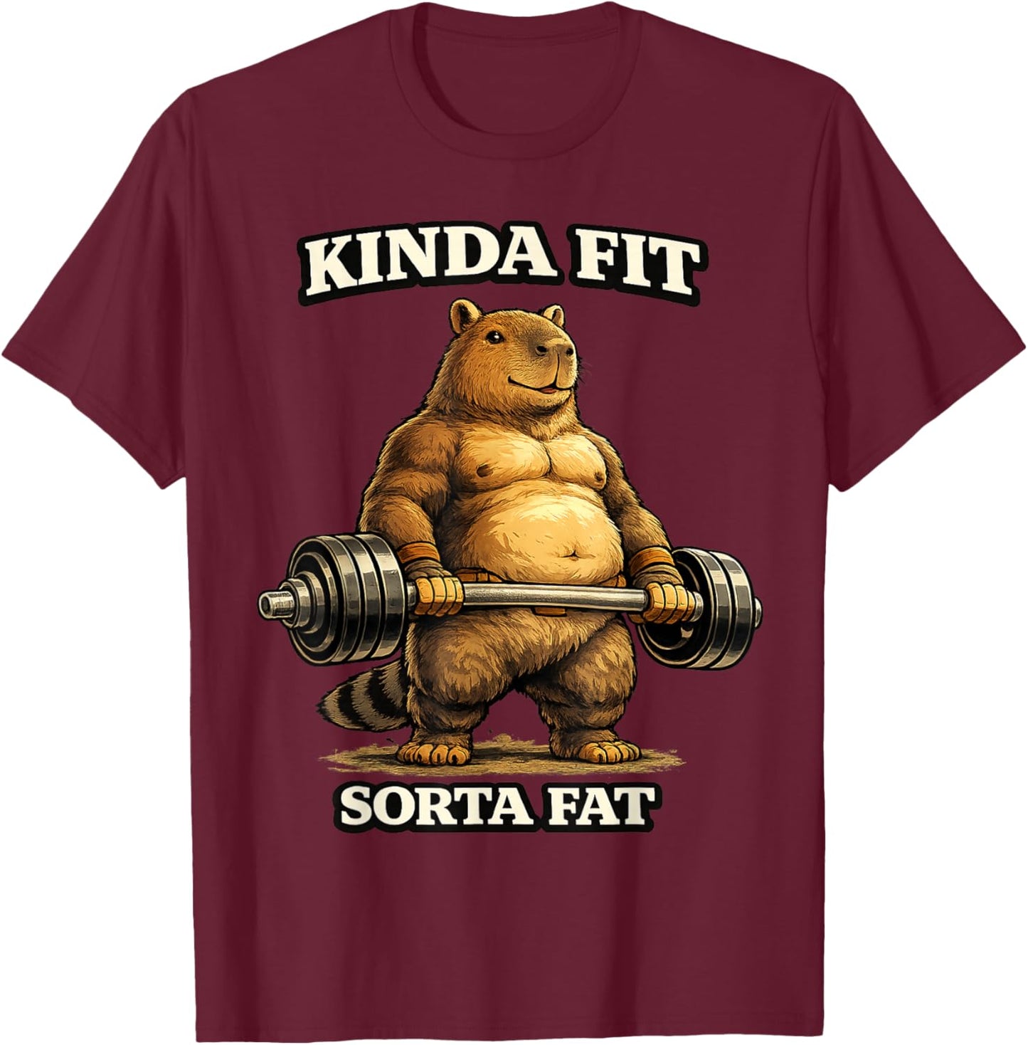 Kinda Fit Sorta Fat Funny Gym Capybara Weightlifting Workout T-Shirt - T-Shirt | Maroon