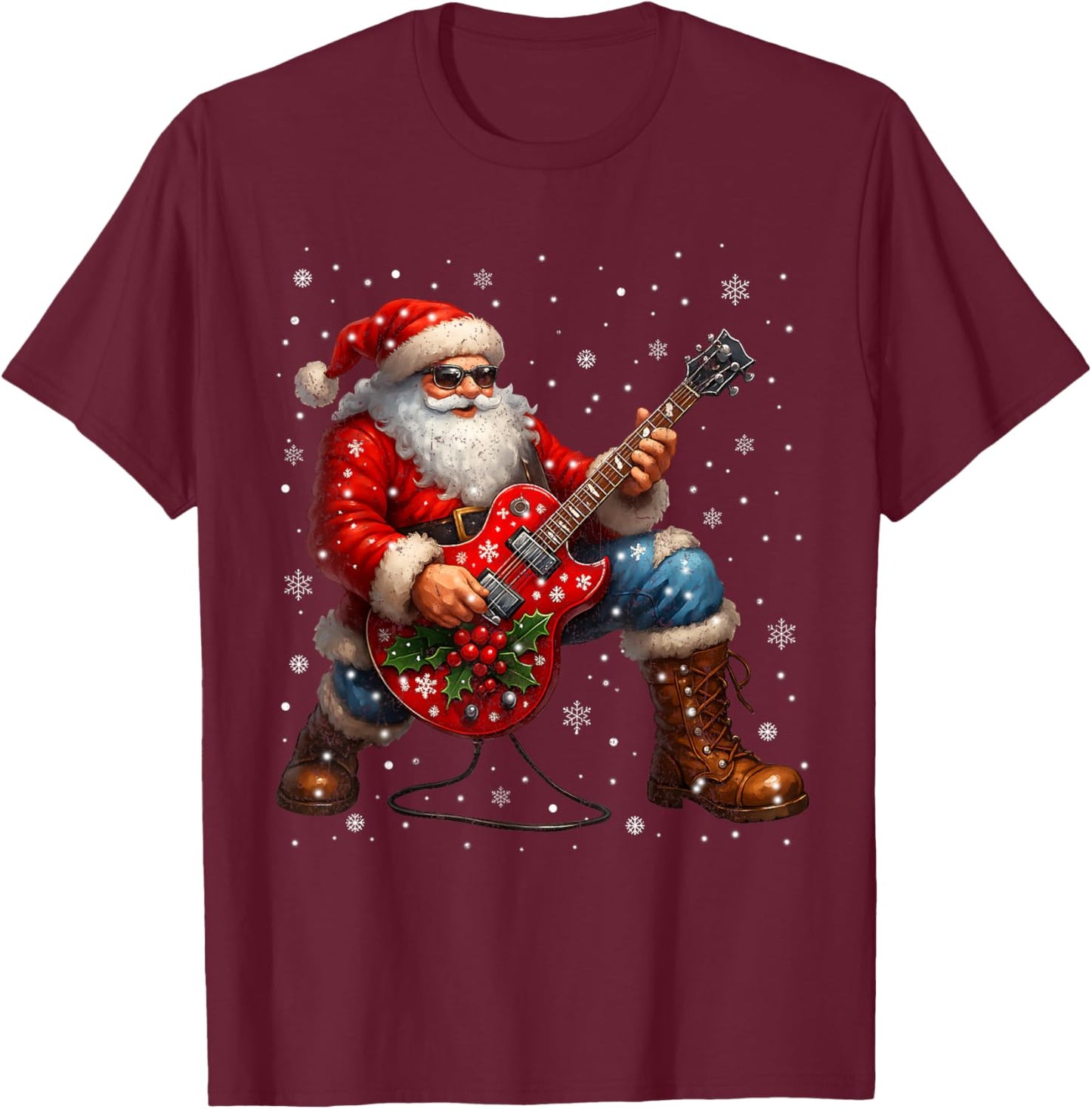 Vintage Rock On Santa Graphic Christmas Xmas Guitar T-Shirt - T-Shirt | Maroon