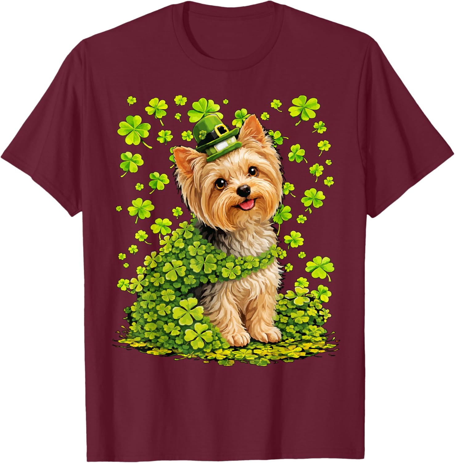 Yorkshire Terrier with Shamrocks St Patricks Day Yorkie Dog T-Shirt - T-Shirt | Maroon