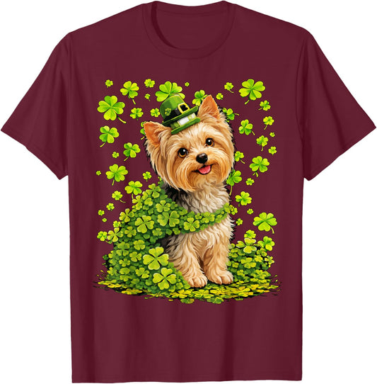 Yorkshire Terrier with Shamrocks St Patricks Day Yorkie Dog T-Shirt - T-Shirt | Maroon