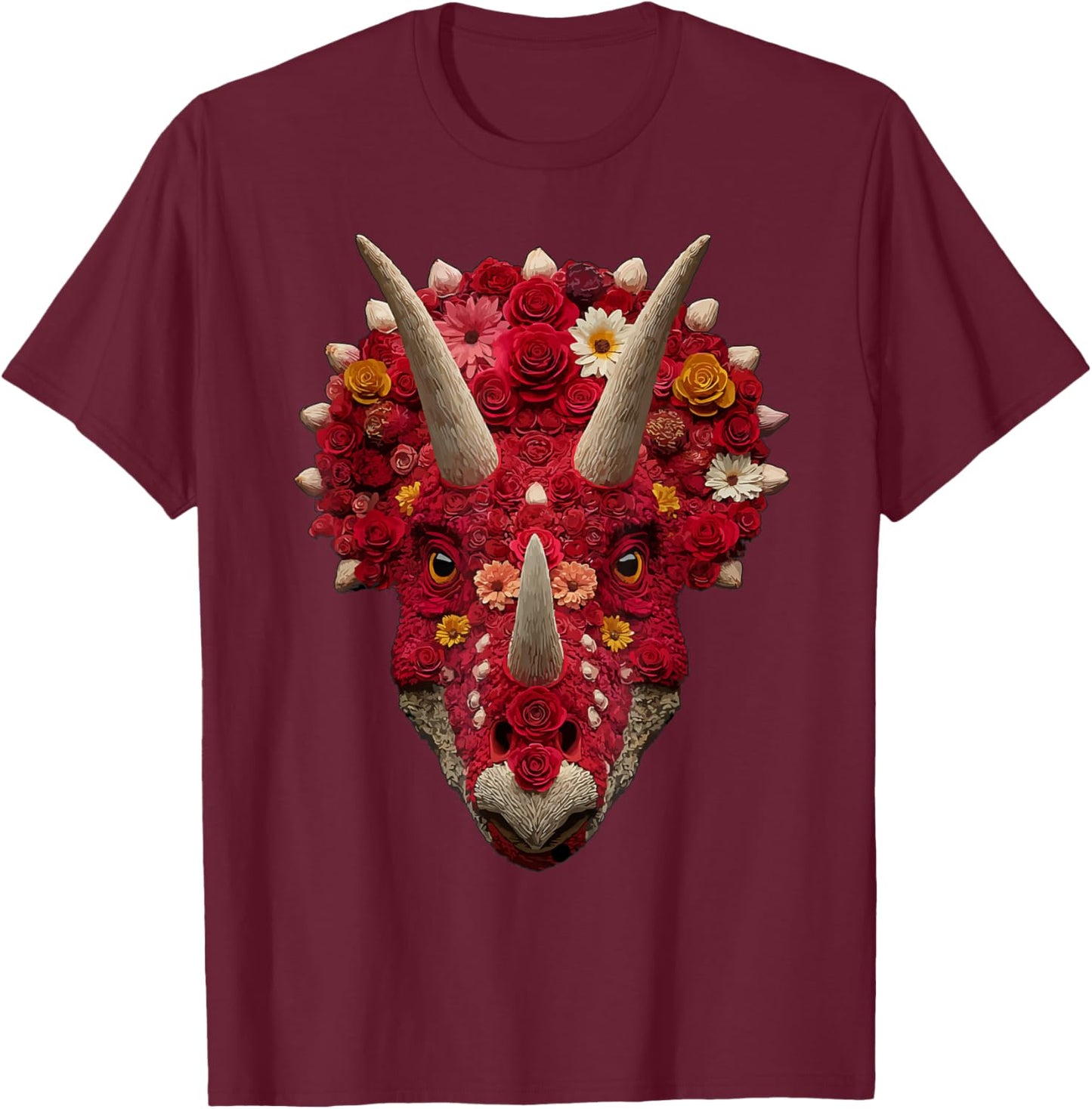Cute Triceratops with Roses Floral Dinosaur Valentine's Day T-Shirt - T-Shirt | Maroon