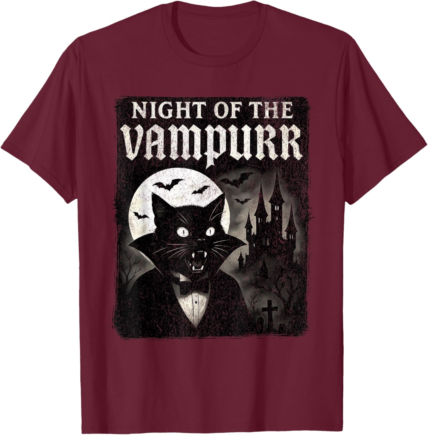 Night of The Vampurr - Halloween Vampire Cat T-Shirt - T-Shirt | Maroon