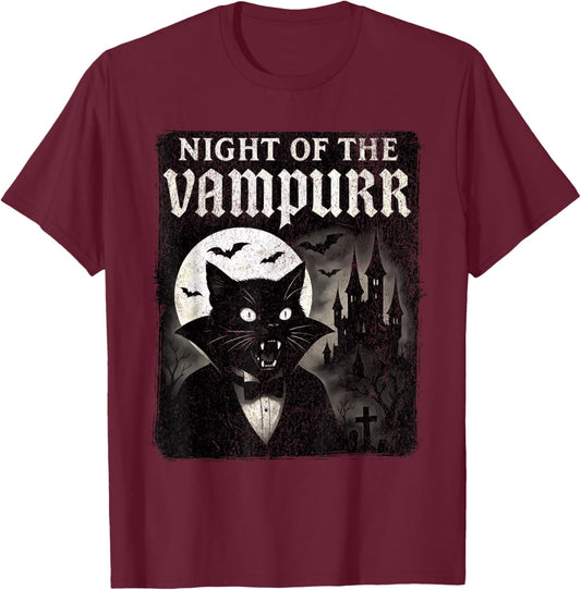 Night of The Vampurr - Halloween Vampire Cat T-Shirt - T-Shirt | Maroon