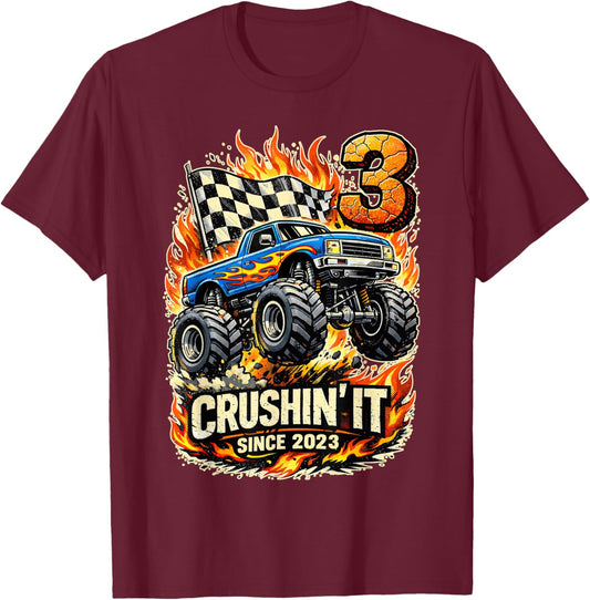 Birthday Monster Truck 3 Year Old Boys 3rd Party Born 2023 T-Shirt - T-Shirt | Maroon
