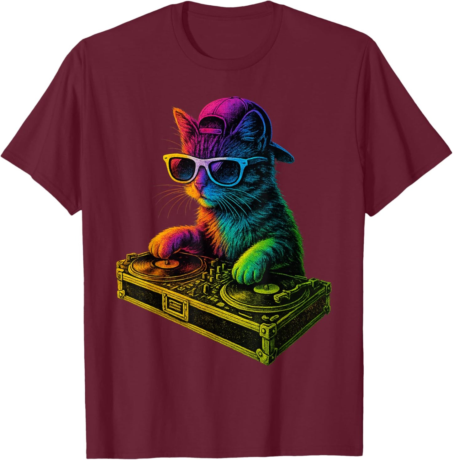 Rainbow DJ Cat Kitty House Music Turntable Design T-Shirt - T-Shirt | Maroon