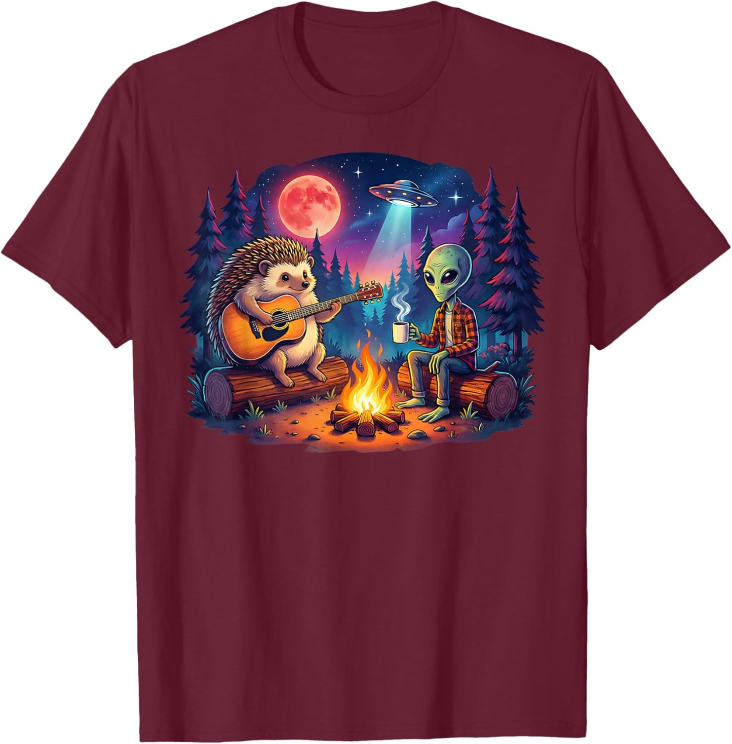 Funny Alien and Hedgehog Camping Campfire Moon UFO Guitar T-Shirt - T-Shirt | Maroon
