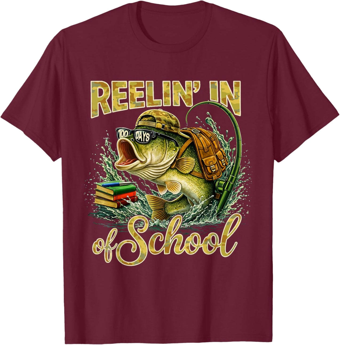 Reelin' in 100 Days of School Fishing Bass Kids Teacher T-Shirt - T-Shirt | Maroon