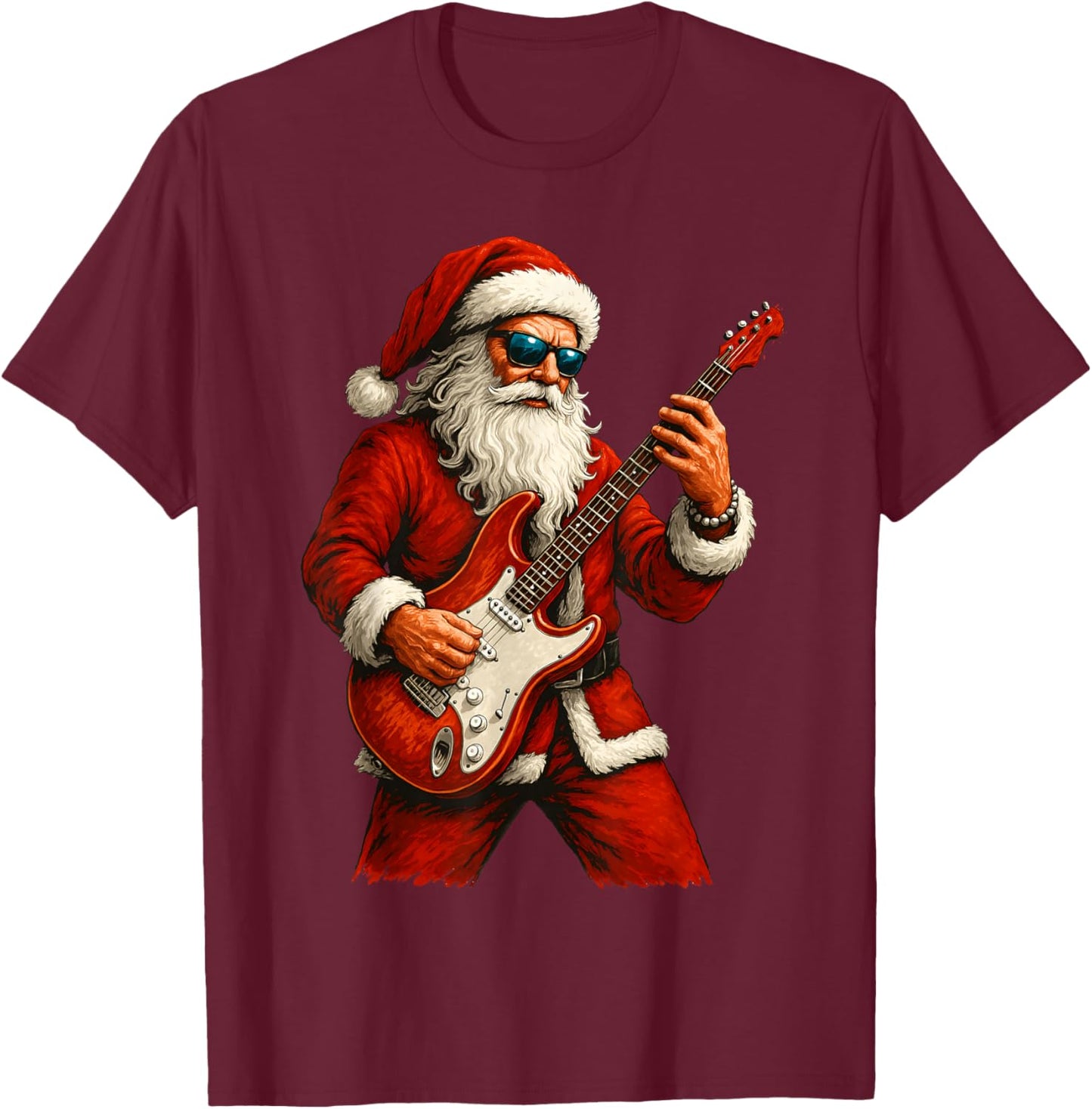 Santa Claus Playing Guitar Funny Christmas Rock Guitar T-Shirt - T-Shirt | Maroon