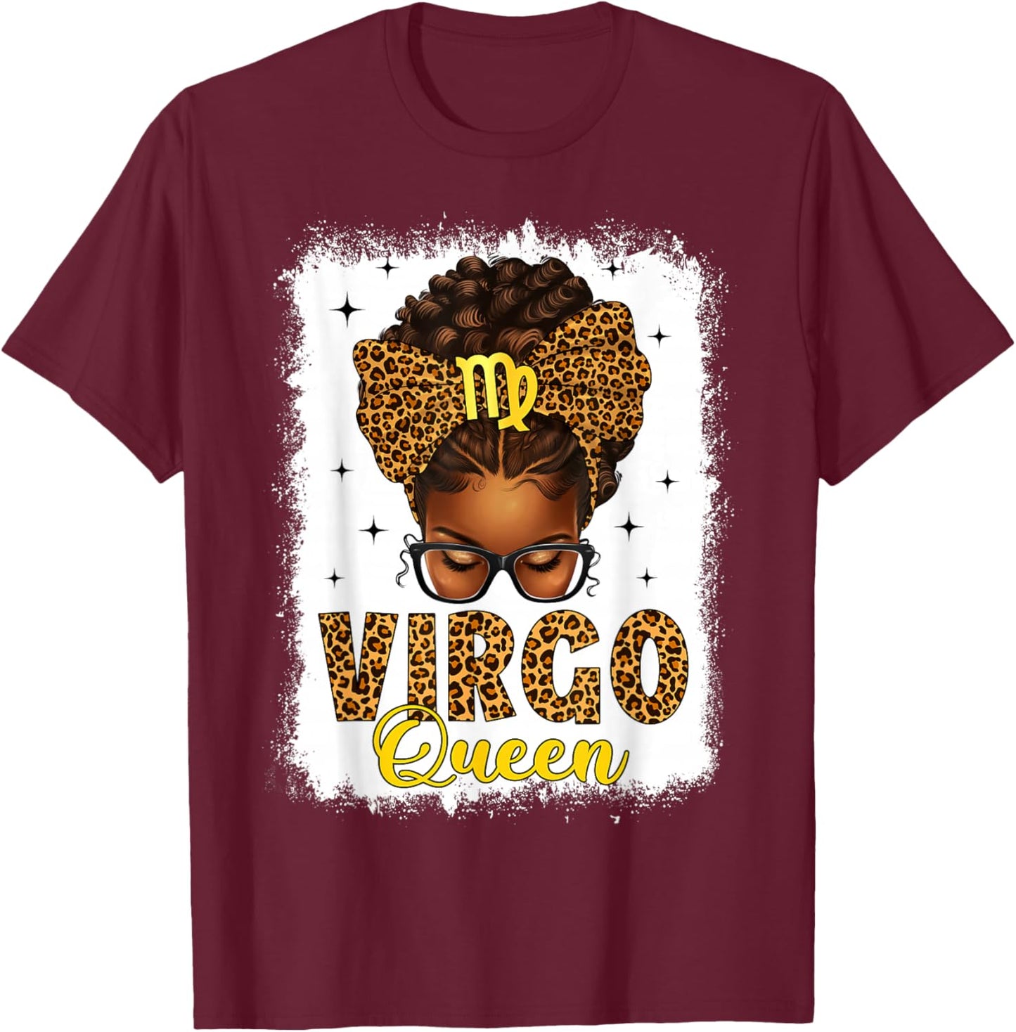 Virgo Queen Messy Bun Leopard Bow Black Women Zodiac T-Shirt - T-Shirt | Maroon