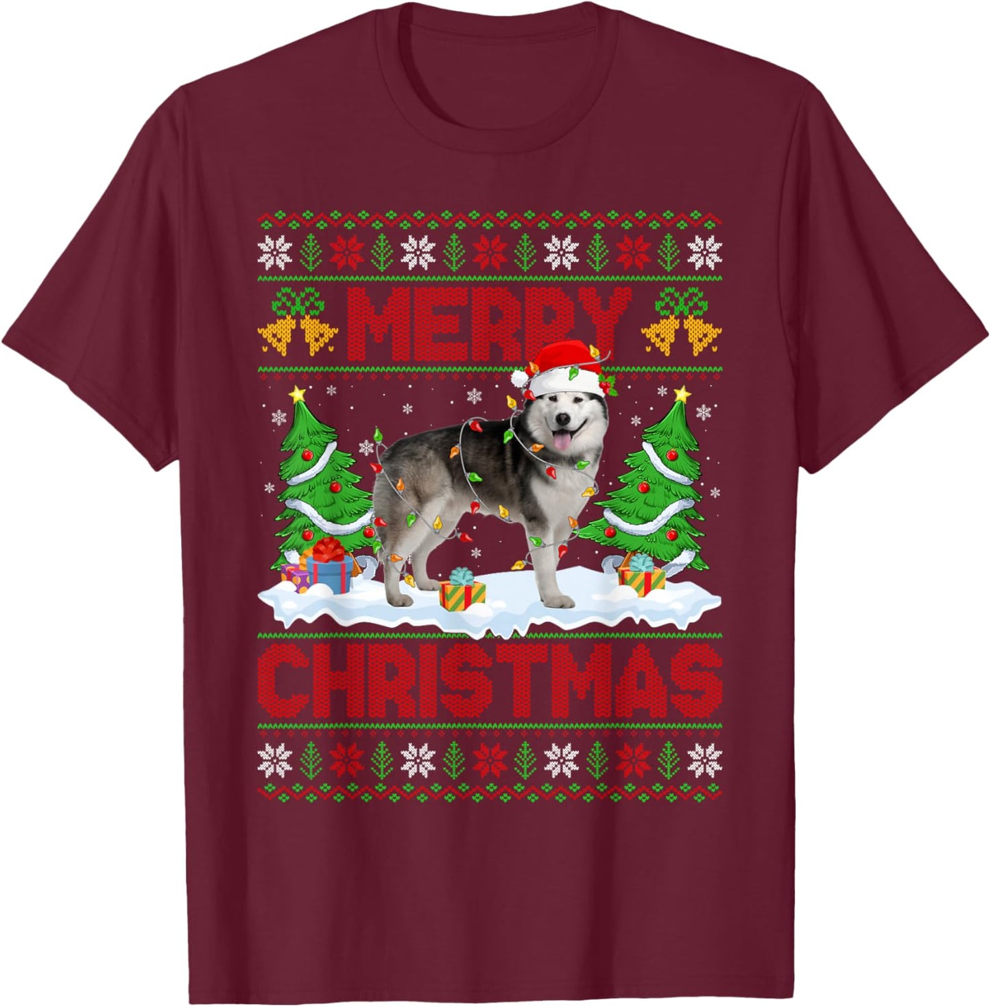Alaskan Malamute Ugly Xmas Sweater Funny Pet Dog Christmas T-Shirt - T-Shirt | Maroon